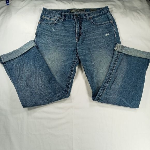 BKE Denim Tyler straight leg men's 33L cuffed 5 pocket distressed whiskered - Picture 1 of 11